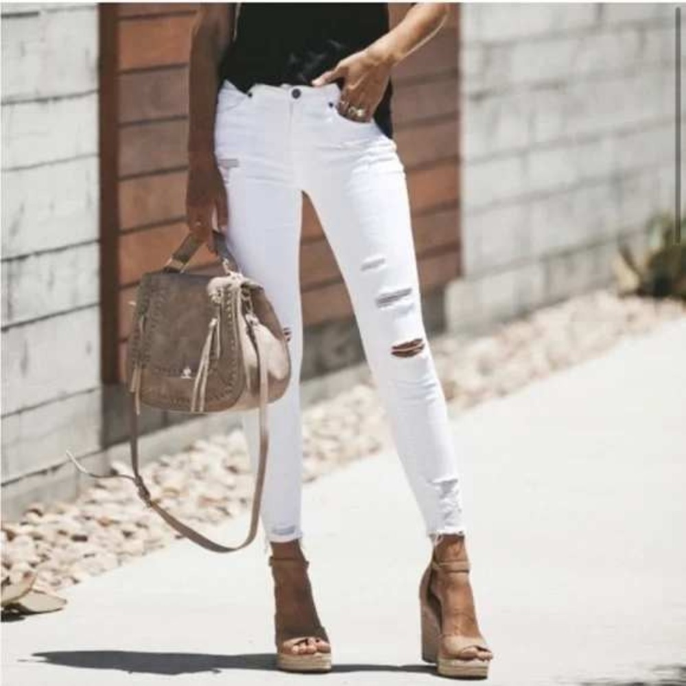 Kancan Ingrid Mid Rise Ankle Skinny‎ Jeans Size 3/25 White Distressed Raw Hem